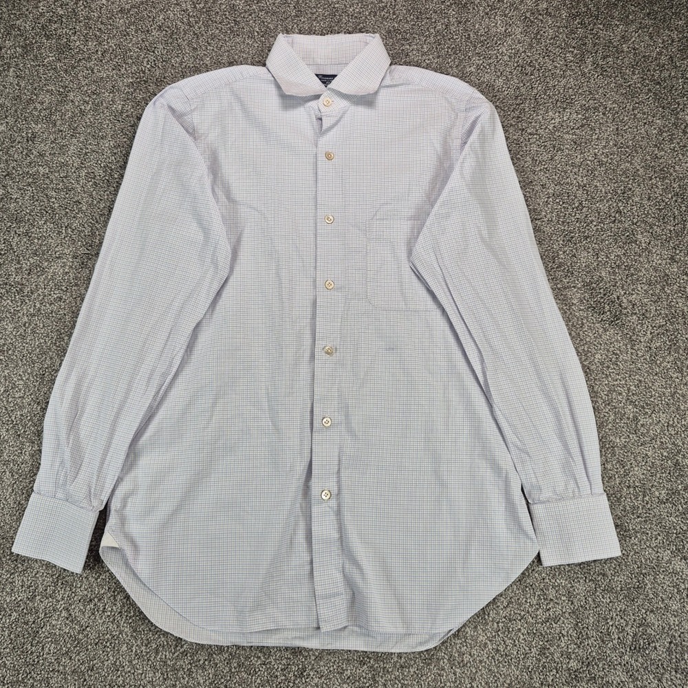 Finamore Napoli Button Down Shirt Mens‎ Medium Blue White Micro Check Italian